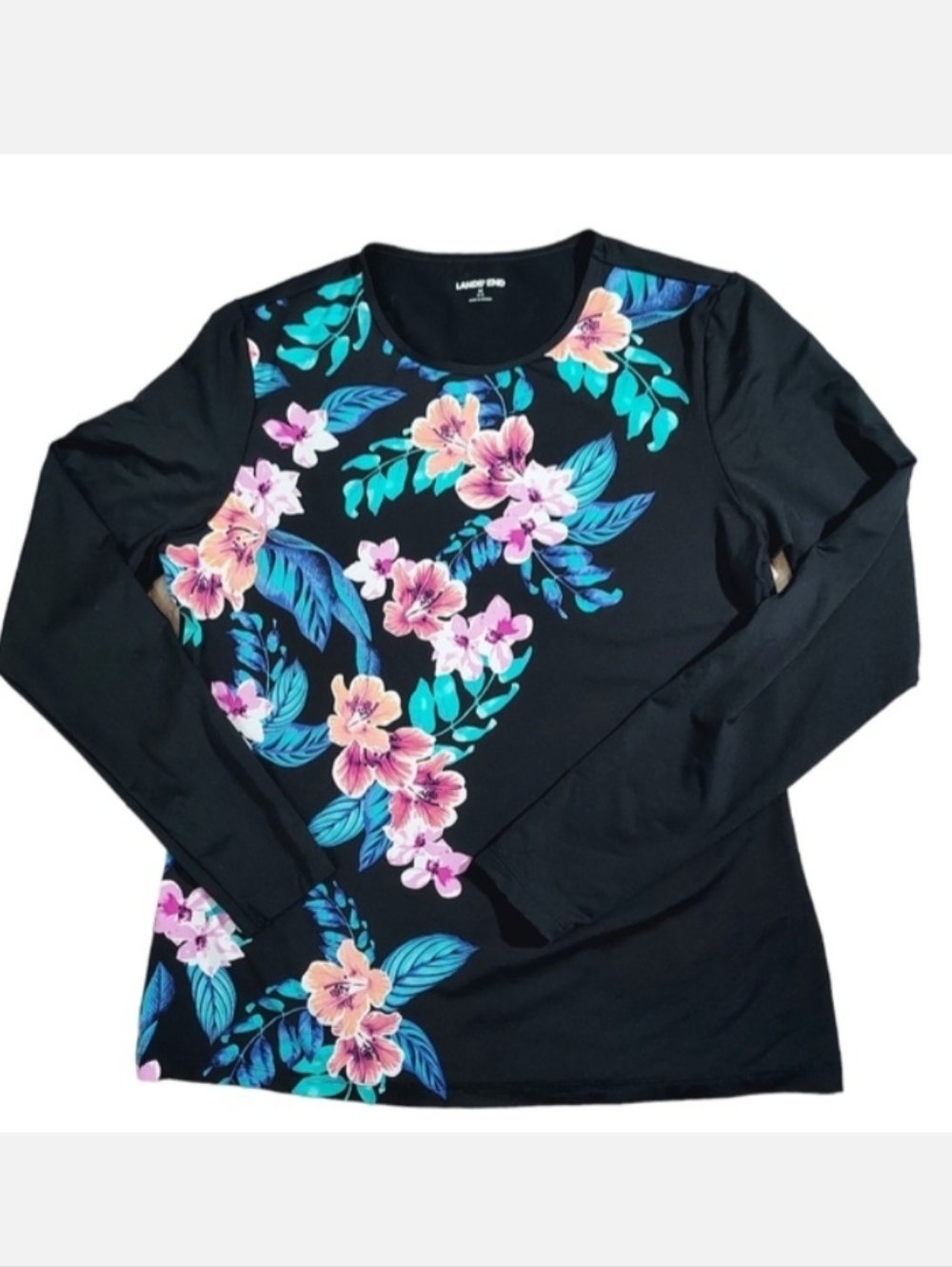 Lands End floral long sleeved rashguard swim shirt M 10-12